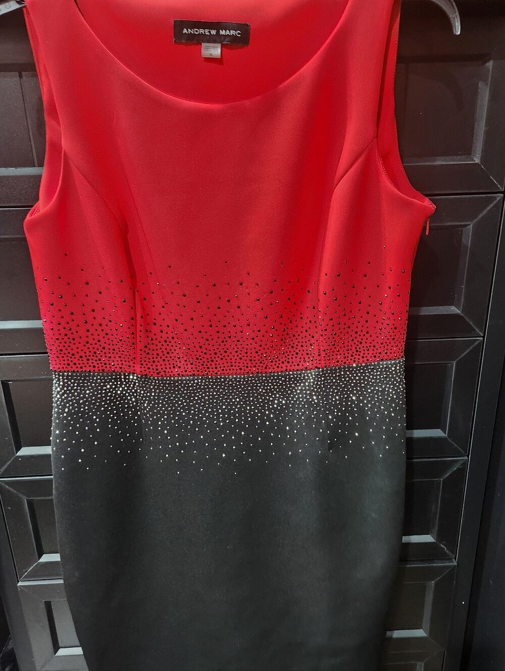 Andrew Marc Red to Black Sleeveless Sheath Dress with Crystal Gradient